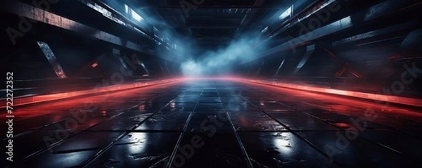 Obraz Dark empty space, blue and red neon spotlight, wet asphalt, smoke, night view industrial, rays. Abstract dark texture of an empty background with copy space mock up design