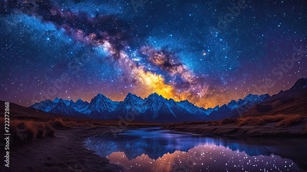 Fototapeta Night landscape with views of the milky way over the mountains.
