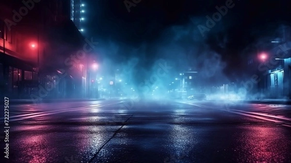 Obraz Dark empty space, blue and red neon spotlight, wet asphalt, smoke, night view street, rays. Abstract dark texture of an empty background with copy space mock up design