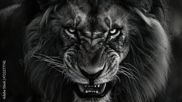 Obraz "Intense Lion Gaze in Black and White"
"Detailed monochromatic close-up of a lion with a fierce and intense gaze."