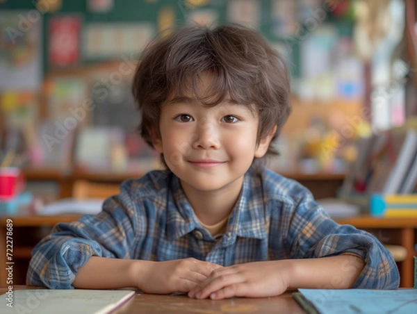 Fototapeta Portrait photography, natural light, wide angle , Asian young boy bends down to write in notebook in classroom, smile, Elementary school classroom.