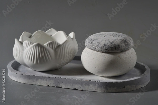 Obraz Candle holder on gray background. Ceramic candlestick.