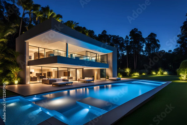 Obraz Luxury house with swimming pool illuminated at night