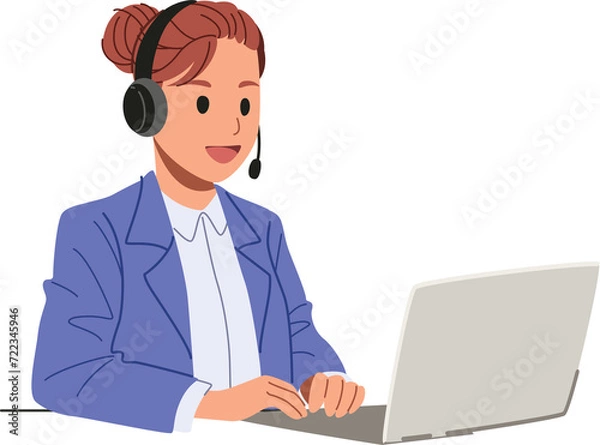 Obraz Female call center or support employee with headphone working with computer in the office illustration