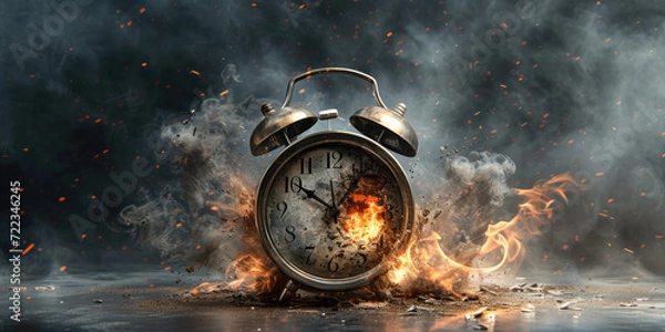 Fototapeta Time flies concept, clock burning, time running out