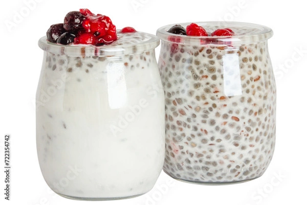 Fototapeta Set of yogurt jars with chia seeds, granola, oatmeal and berries in a glass jar. On a blank background