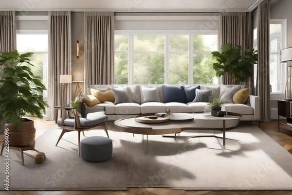 Fototapeta Living room wall mockup in bright tones with leather sofa and leather armchair. close up view.