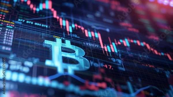 Obraz Bitcoin gold coin and defocused chart background Virtual cryptocurrency concept