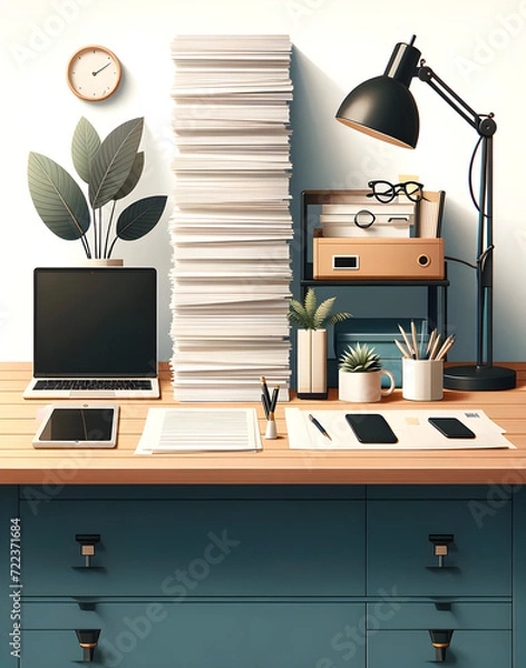 Fototapeta Modern Workstation Setup with Laptop and Paper Stack on Wooden Desk - Ideal for Business Productivity Concept and Organized Workspace Theme