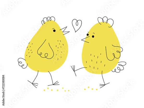 Fototapeta Set chickens. Cartoon funny chicks. Hand drawn linear icons, valentines day, Easter design. Animals, doodle style. Domestic bird. Vector illustration, isolated objects.