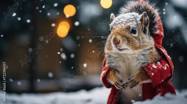 Obraz a squirrel dressed as Santa Claus during Christmas in the snow