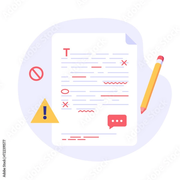 Fototapeta Editing document with text. Correcting grammar mistake with red marker. Teacher fix page text errors. Concept of proofread script, grammar edit, correcting mistake. Vector flat cartoon illustration