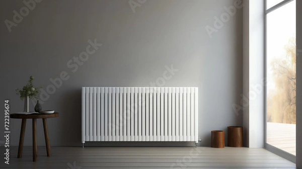 Fototapeta Minimalistic wall-mounted radiator for warmth integrated into interior Cozy skandy living room with sleek black sofa and clean white walls adorned with plants.