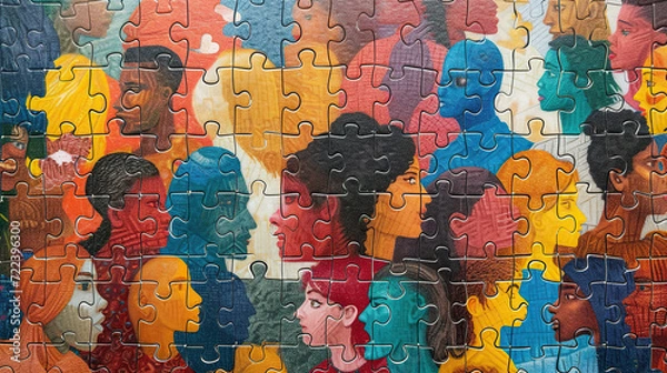 Fototapeta  Wielokolorowa puzzle z różnymi ludźmi wykazującymi różnorodność i włączenie, sprawiedliwość i przynależność