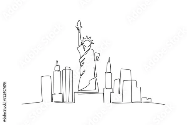 Obraz One single line drawing New York city skyline United States. Historical town landscape in world. Best holiday destination poster. Editable stroke trendy continuous line draw design vector illustration