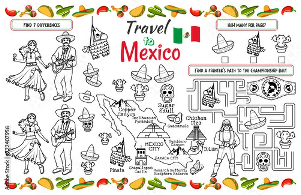 Obraz A holiday placemat for kids. Print out the “Travel to Mexico” sheet with a labyrinth, find the differences, and find the same ones. 17x11 inch printable vector file