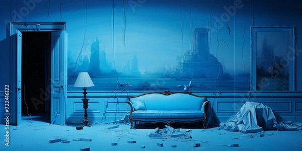 Obraz A vintage blue room with blue sofa and lam with open door, A scene of a black room with dark smoke, horror blue room
