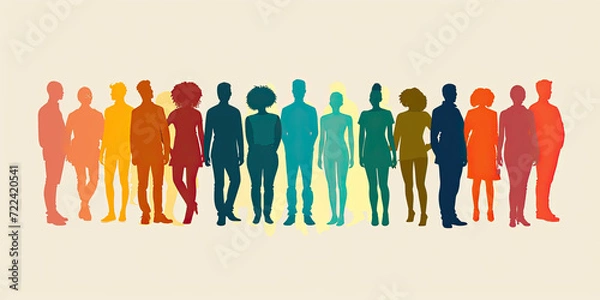 Fototapeta Silhouettes of a diverse group of multiethnic people viewed from the side, symbolizing a community of colleagues or collaborators. Concept conveys collaboration, teamwork, and the idea of a bargain