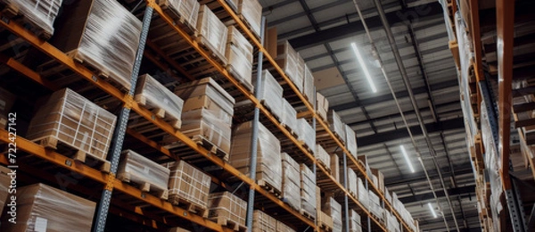Fototapeta Industrial shelves tower with orderly stacks of goods, the heart of logistics beating in a warehouse's expanse