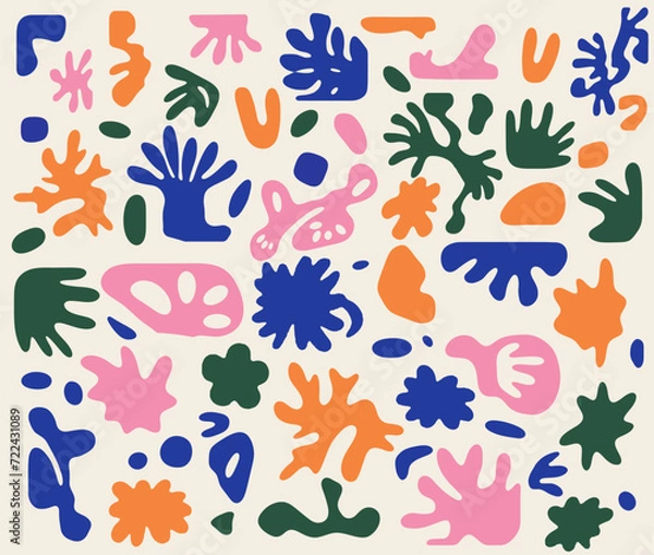 Fototapeta A set of organic floral figures hand drawn in ink. Abstract shapes in modernism and fauvism boho style.