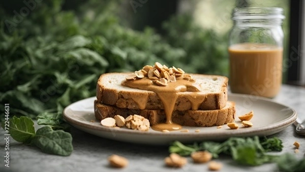Obraz 
Savor the simple pleasure of this delightful image featuring a plate of crisp toasts generously adorned with creamy peanut butter. Each golden-brown toast is expertly spread with a luscious layer of 