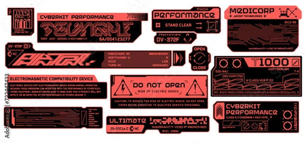 Fototapeta Cyberpunk decals set. Set of vector stickers and labels in futuristic mecha style. Sci-fi Inscriptions and symbols, Mechsuit font.