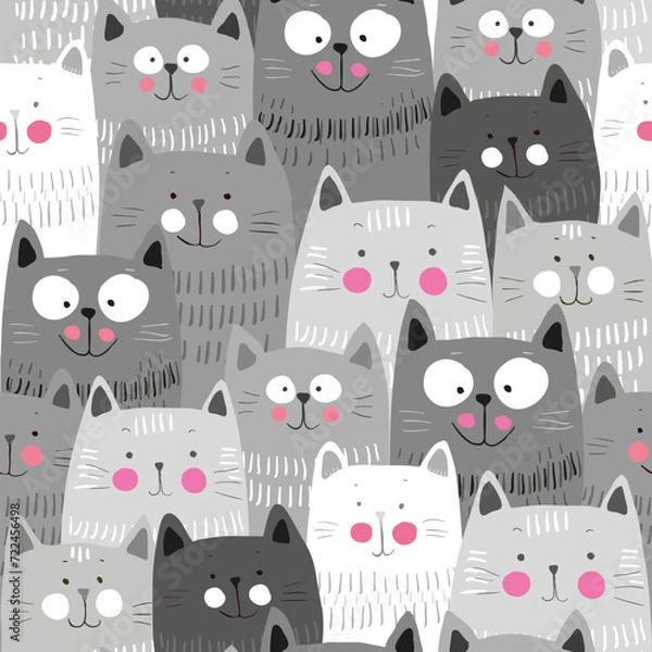 Obraz Cute cats, colorful seamless pattern background with cats, hand drawn pattern