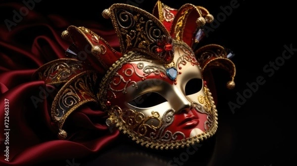 Fototapeta A vibrant red and gold mask rests on a rich red cloth. Perfect for masquerade parties or theatrical productions