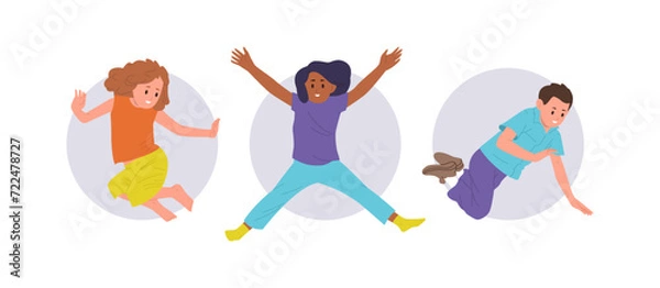 Fototapeta Isolated round icon composition with happy jumping children cartoon character enjoying fun time