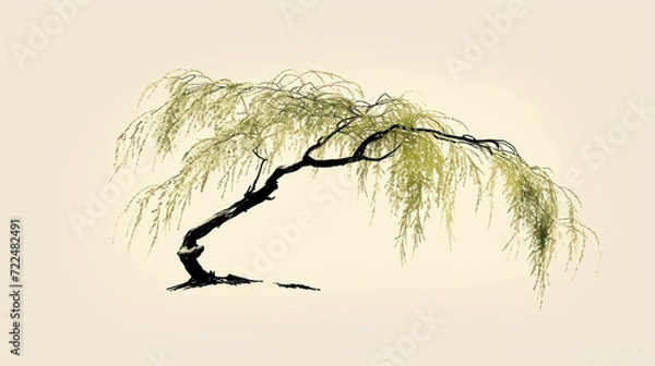 Fototapeta  a painting of a tree with green leaves on it's branches and a white sky in the back ground.