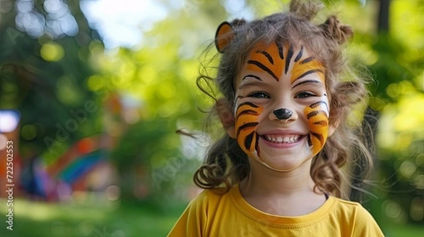 Obraz Szczęśliwe dzieci z pomalowaną twarzą jako zwierzęta z dżungli w tle tapety letniego parku rozrywki