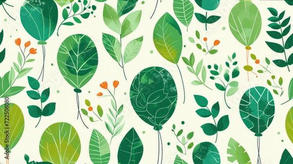 Obraz  a pattern of green leaves and berries on a white background with a green and orange design on the left side of the image.