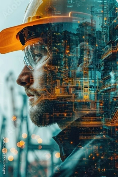 Obraz Engineer with Cityscape Overlay