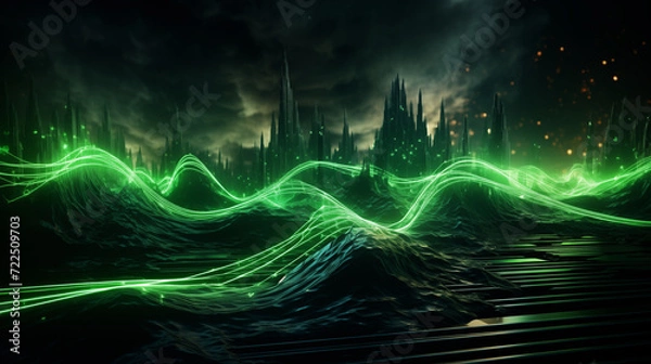 Fototapeta Abstract 3D background of green neon lines sliding down. Modern wallpaper.