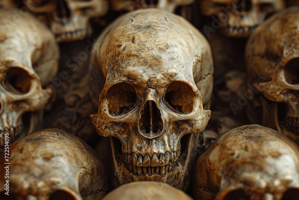 Fototapeta Human skulls, horror concept. Background for design with selective focus and copy space.