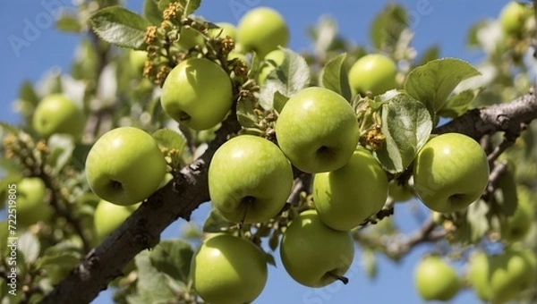 Obraz Close-up of a branch on an apple tree, with ripe green apples and a bee pollinating. generative AI
