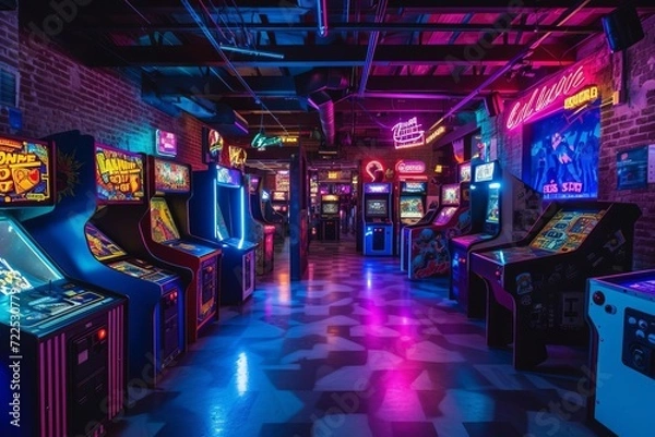 Obraz Quirky retro arcade with classic video games and neon lights