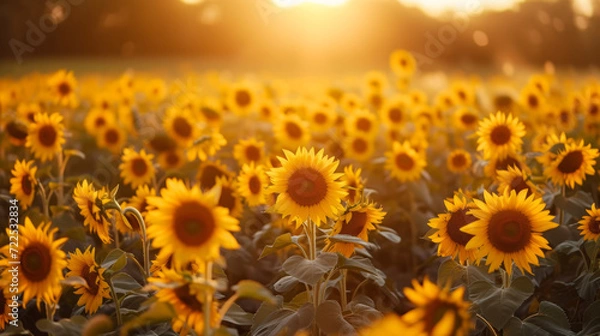 Fototapeta Wide field of sunflowers in summer sunset, panorama blur background. Autumn or summer sunflowers background. Shallow depth of field.
