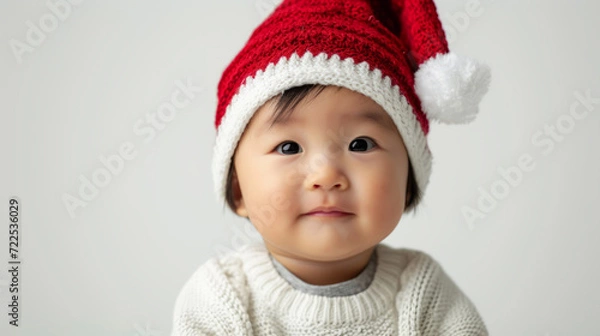 Obraz Portrait of an asian baby with a christmas hat on white studio background