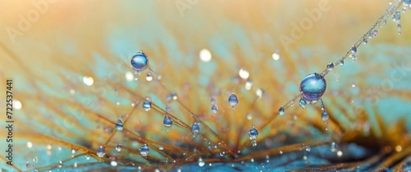 Fototapeta Abstract blurred background, yellow grass straws with dew drops, wide-format