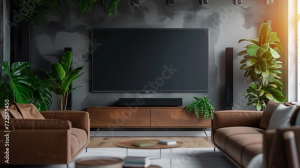Fototapeta Wide screen flat television banner mockup of empty black screen at Modern Living Room with Home Entertainment System and Lush Greenery.