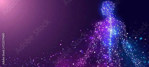 Fototapeta Interactive holographic human body icon with shining effect and copy space for text placement