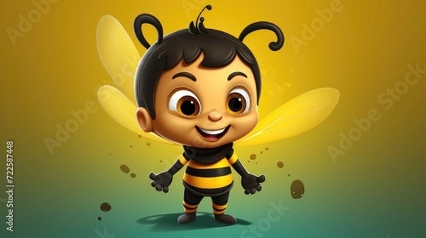 Fototapeta A vector cartoon kid in a bee costume, buzzing around with a smile.