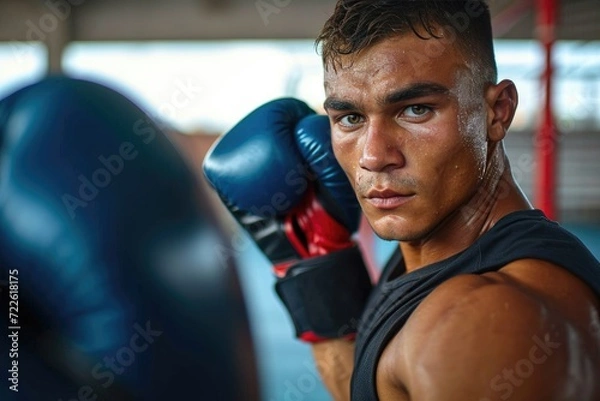 Fototapeta A determined man prepares to enter the ring, his muscular frame glistening with sweat as he dons his boxing gloves, ready to unleash his aggression and compete in the intense combat sport of professi