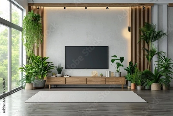 Fototapeta A cozy indoor sanctuary filled with lush houseplants, a large tv screen, and stylish furniture, all surrounded by a wall of windows showcasing the beautiful interior design of this plant-filled room