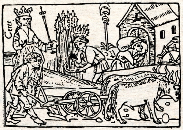 Obraz Medieval draving "Plowing and harvesting"