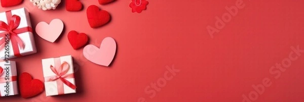 Fototapeta Gift or present box decorated with red hearts for Valentine on red background top view. Flat lay card from homemade decoration, Valentine's day, Mother day, wedding and anniversary concept
