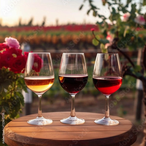 Obraz Three glasses with white rose and red wine