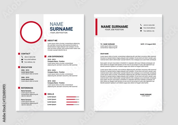 Fototapeta Modern Resume and Cover Letter Layout design template. Minimalist CV resume template for job applications. Vector illustration