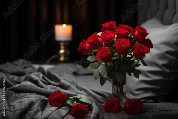 Fototapeta Elevate romance with red roses on a luxurious bed, set in dark gray interiors, enhanced by wimmelbilder detailing, lightbox illumination, RTX sharp focus, and tender romantic gestures.